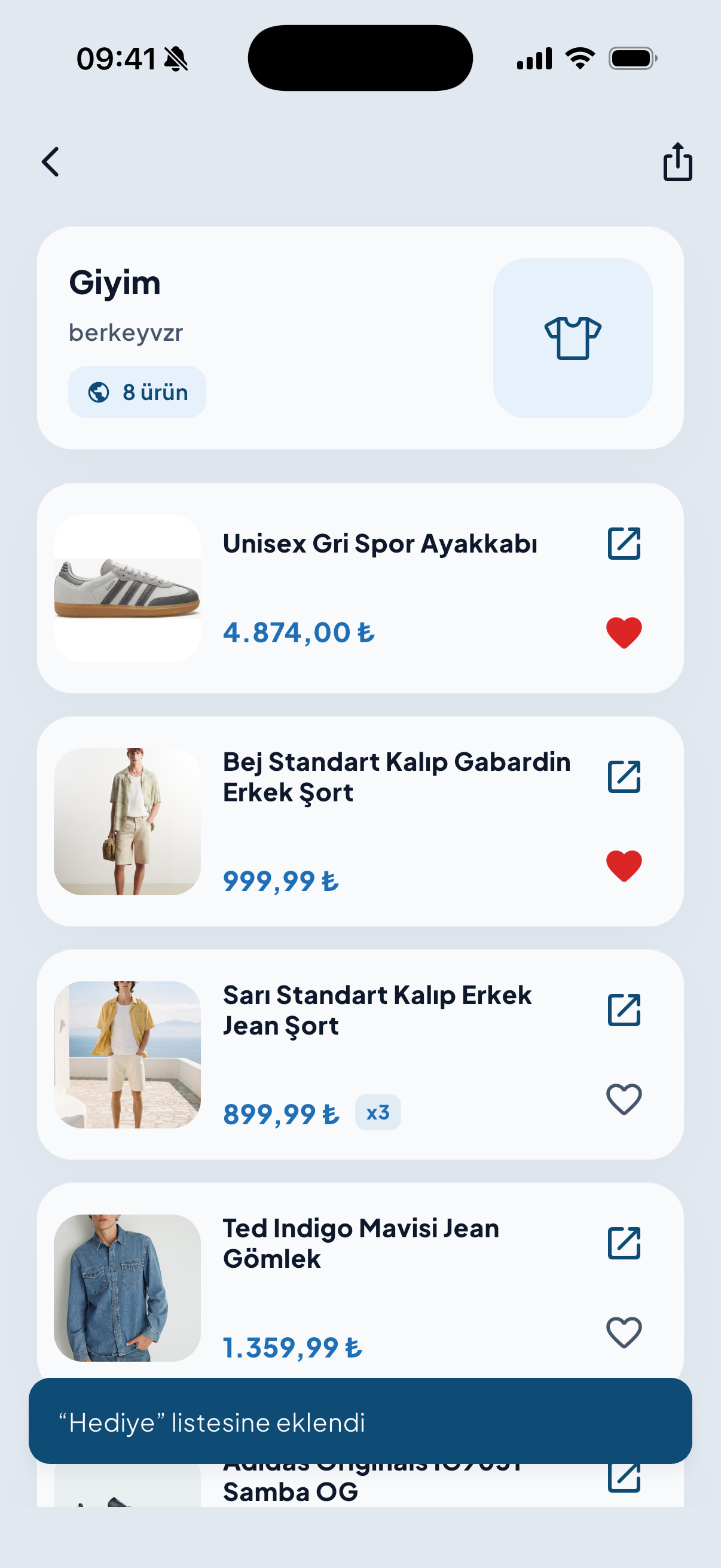 SEPETİM arkadaş listesi ekranı: bir arkadaşın Giyim listesi, ürünler ve kalple kendi listene ekleme
