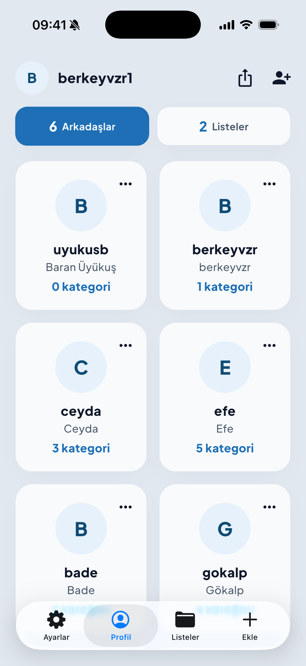 SEPETİM profil ekranı: 6 arkadaş, Arkadaşlar/Listeler sekmeleri ve arkadaş kartları
