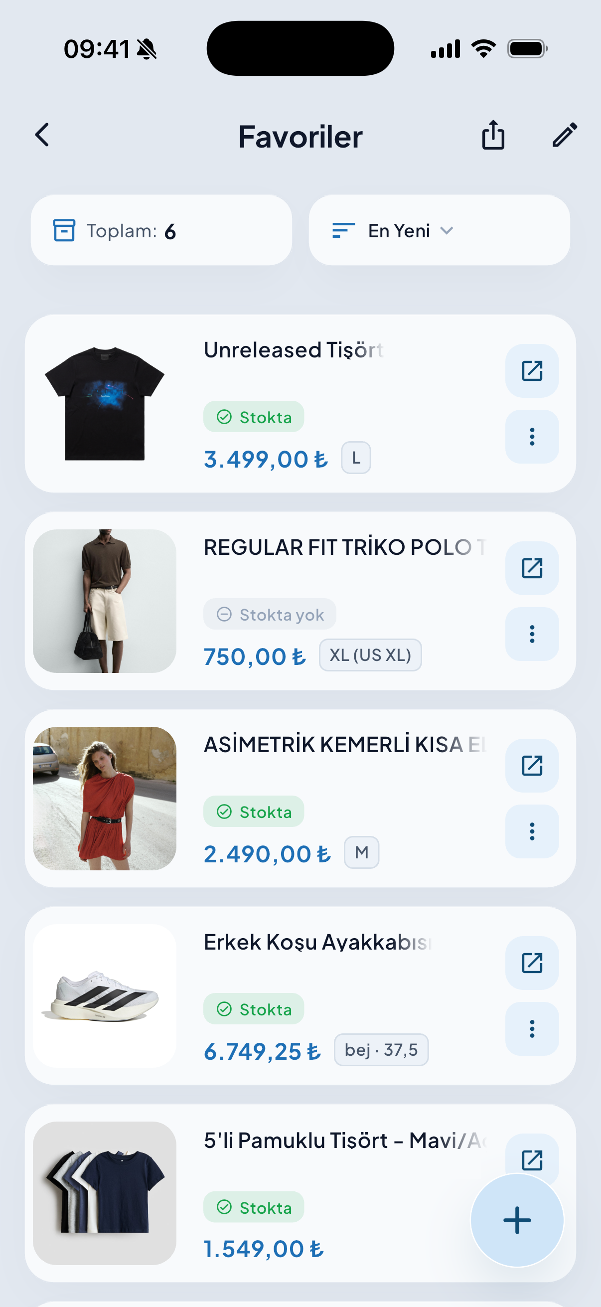 SEPETİM liste içi ekranı: bir listedeki ürünler, stok durumu ve fiyatları