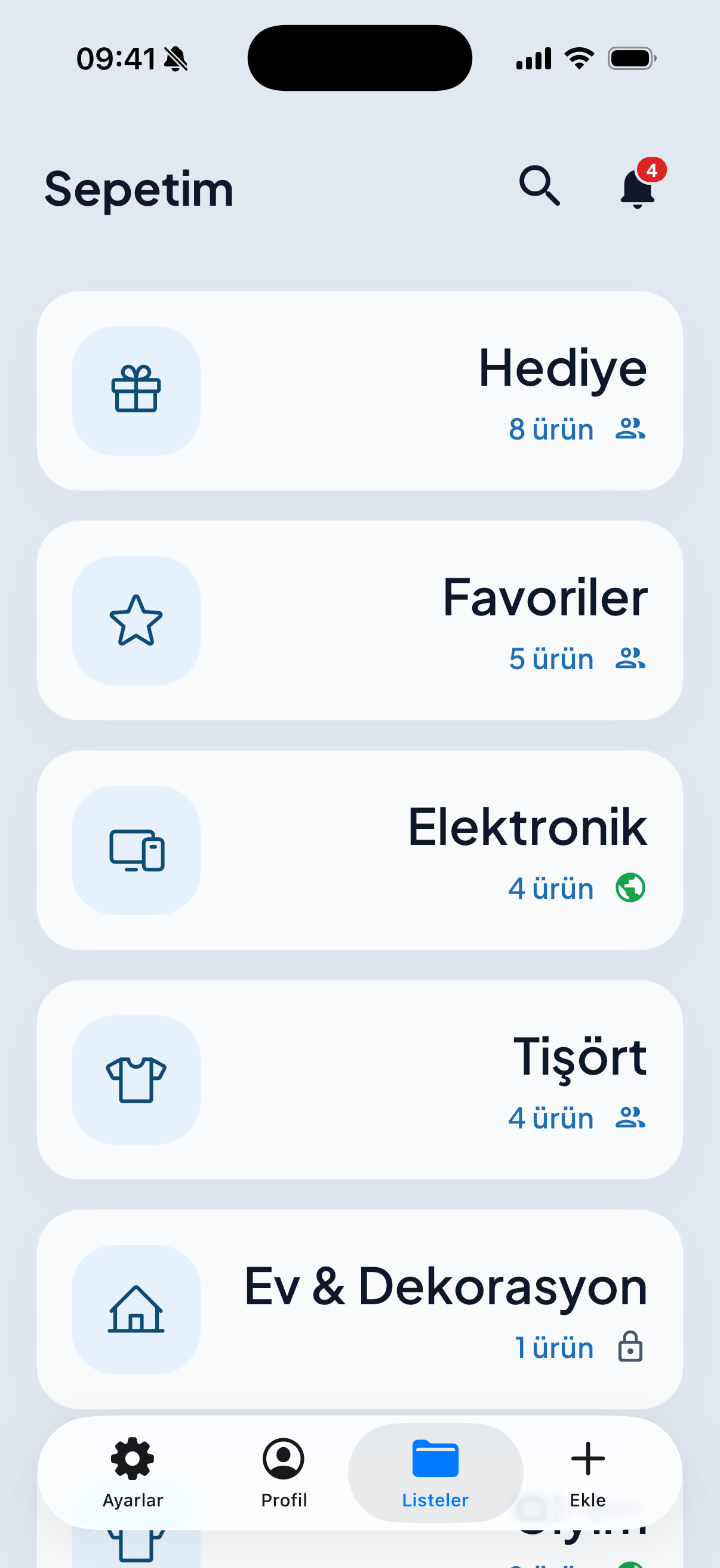 SEPETİM listeler ekranı: Hediye, Favoriler, Elektronik, Tişört ve Ev & Dekorasyon